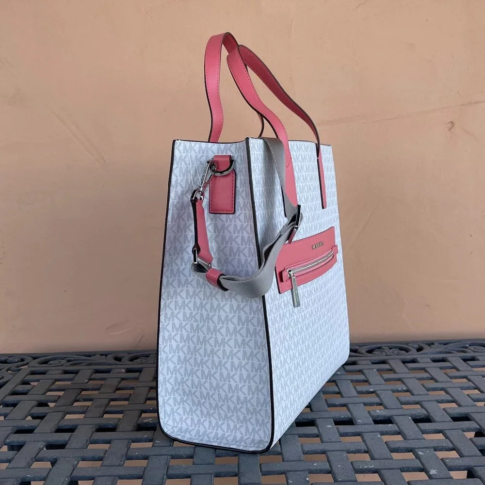 Michael Kors Kenly Large NS Tote Satchel Shoulder Bag MK White Grapefruit Pink_4
